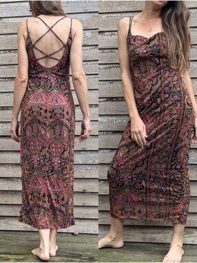 90s Vintage Paisley Maxi Dress Crisscross Back - Mesh  dress open strappy back